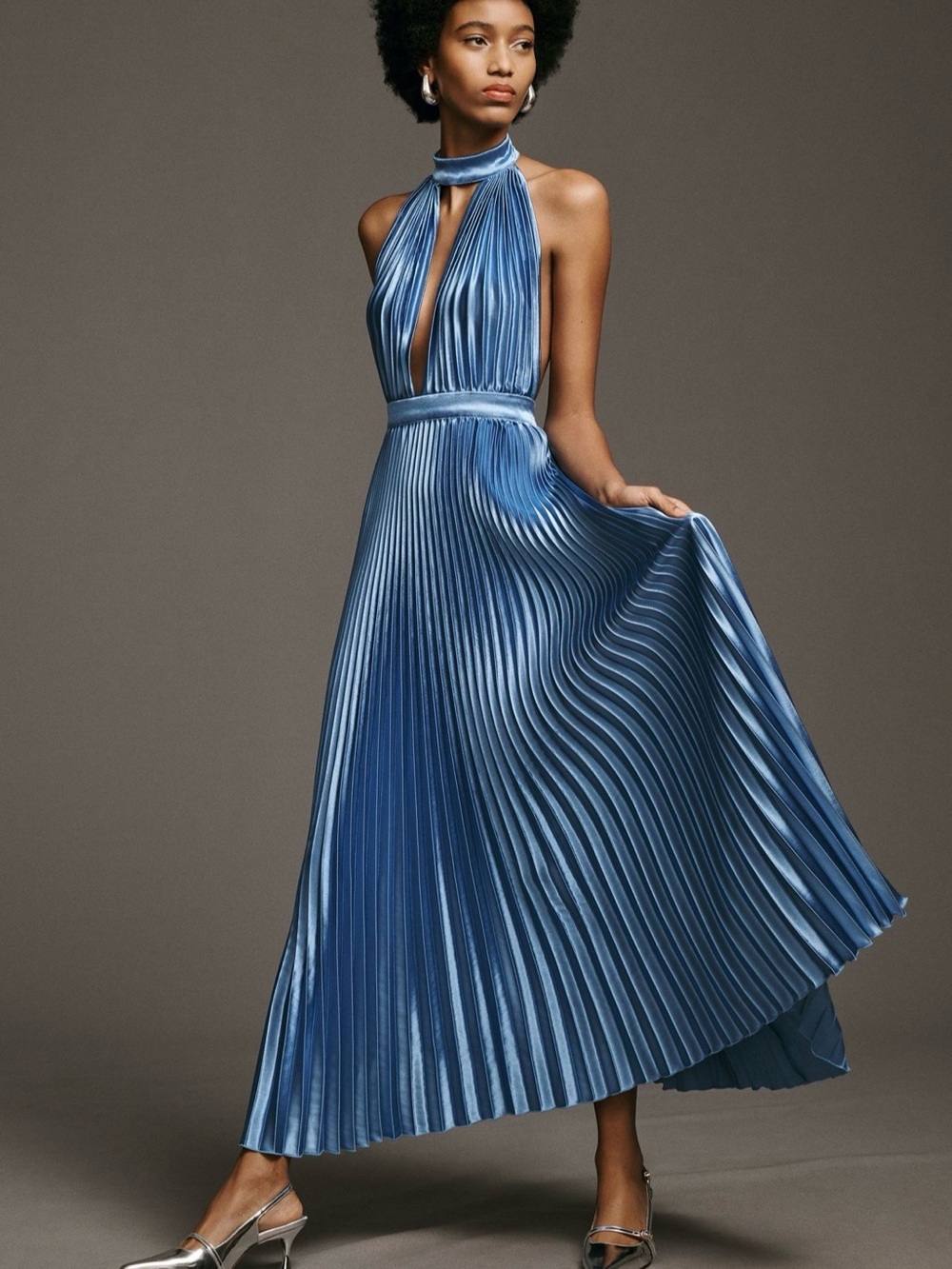 The L'IDÉE Chateau Pleated Satin Halter Blue Dress, Women's size 12, new